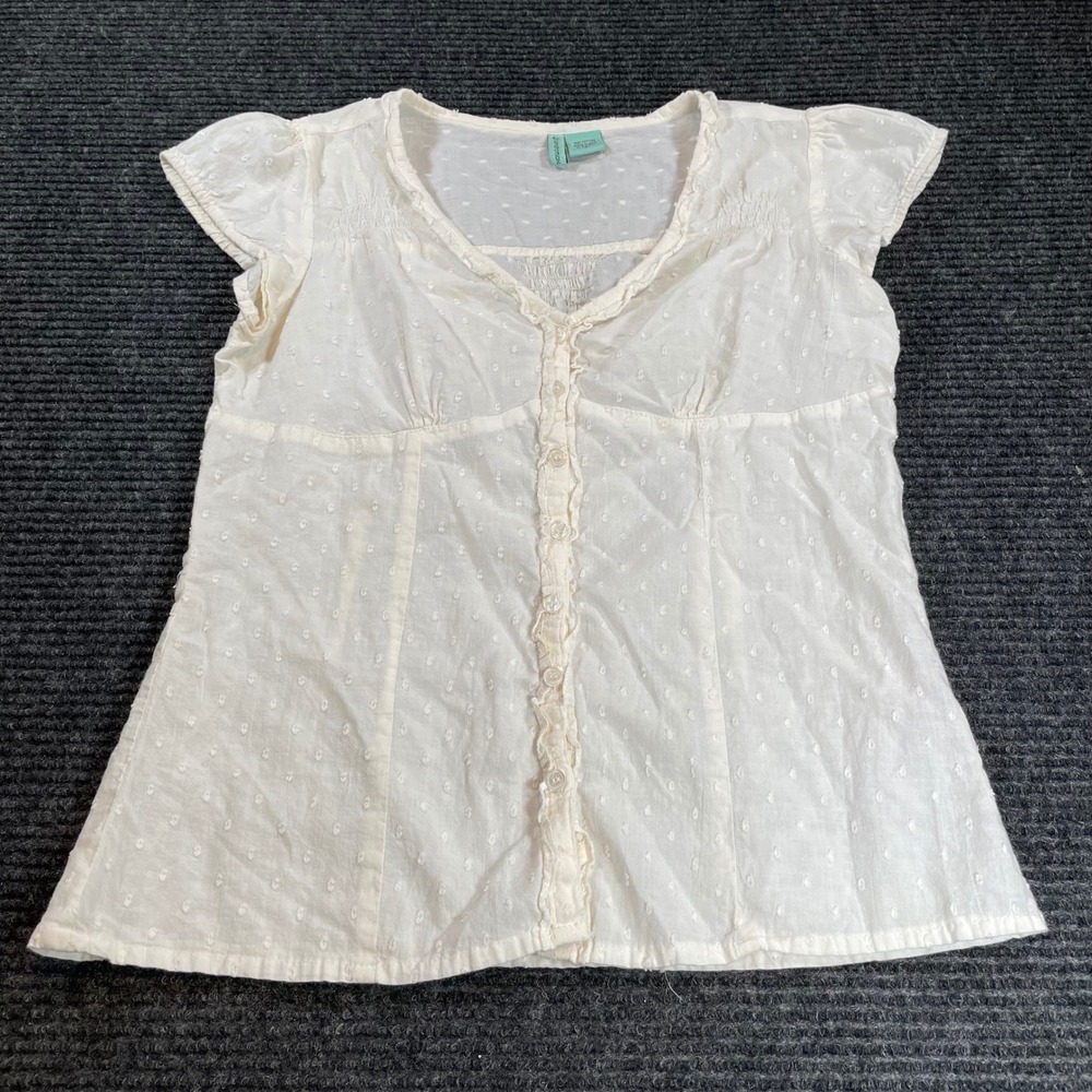 Lovepotion Womens Off White Swiss Dot Cotton Button Down Cap Sleeve Blouse Small